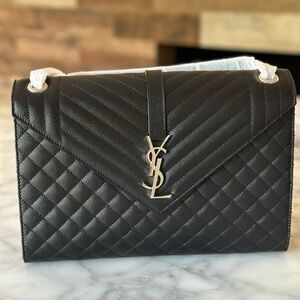 🔥SOLD🔥 Saint Laurent Triquilt Large Ysl Bag In Grained Leather Black With Silver
